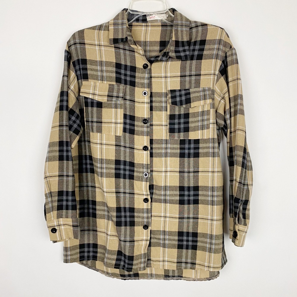 Romwe Plaid Long‎ Sleeve Button Up Pocket Shirt Womens Small Tan Black